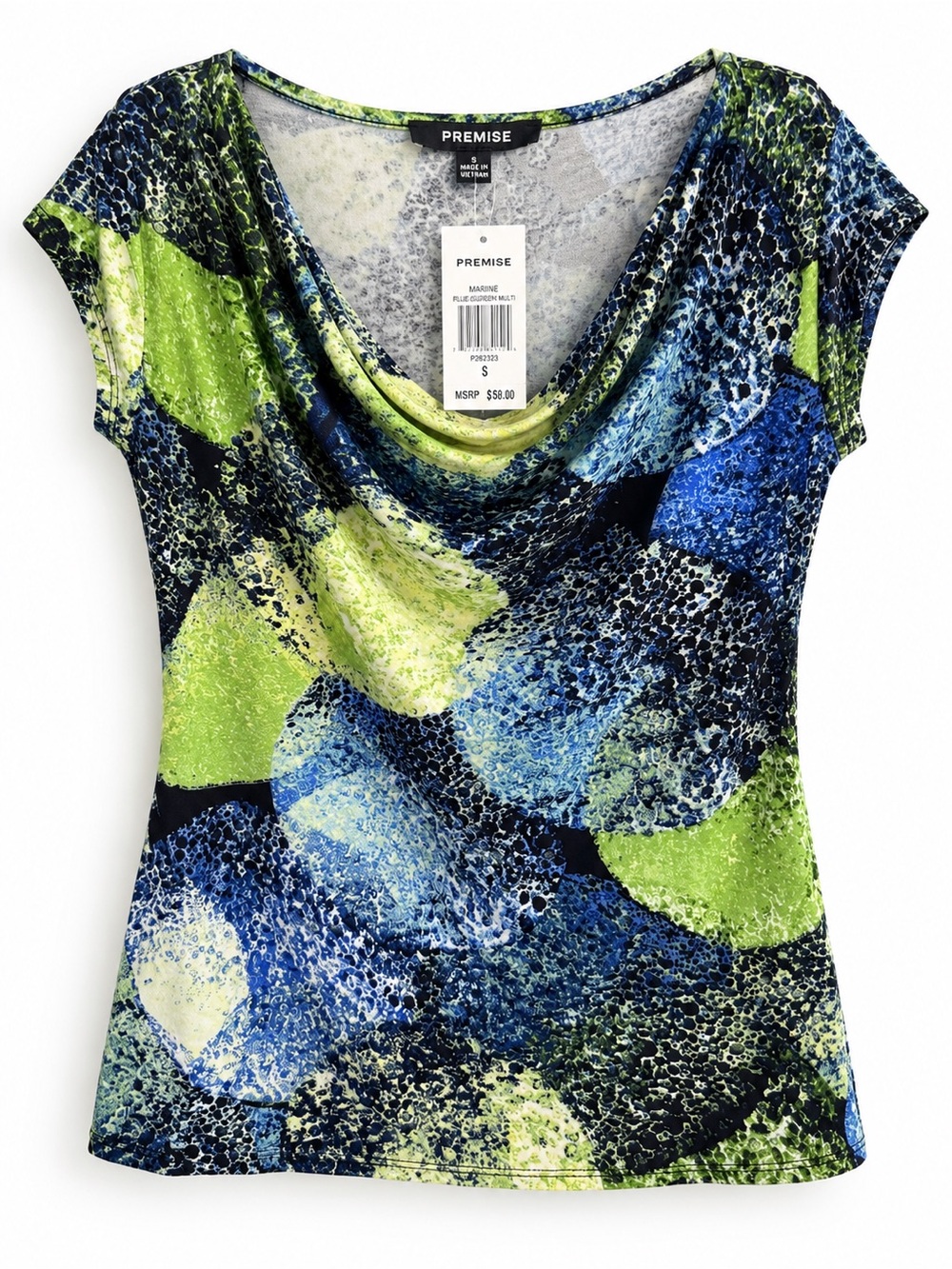 Premise Blue Green Abstract Cowl Neck Top S NWT Y2K Art Print Stretch